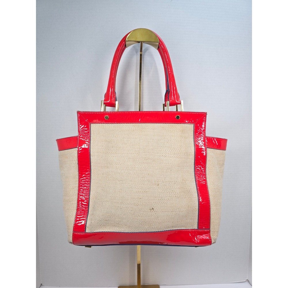 Jonathan Adler Red Patent Leather Trim Linen Cotton Canvas Geometric Tote Bag - Picture 2 of 7